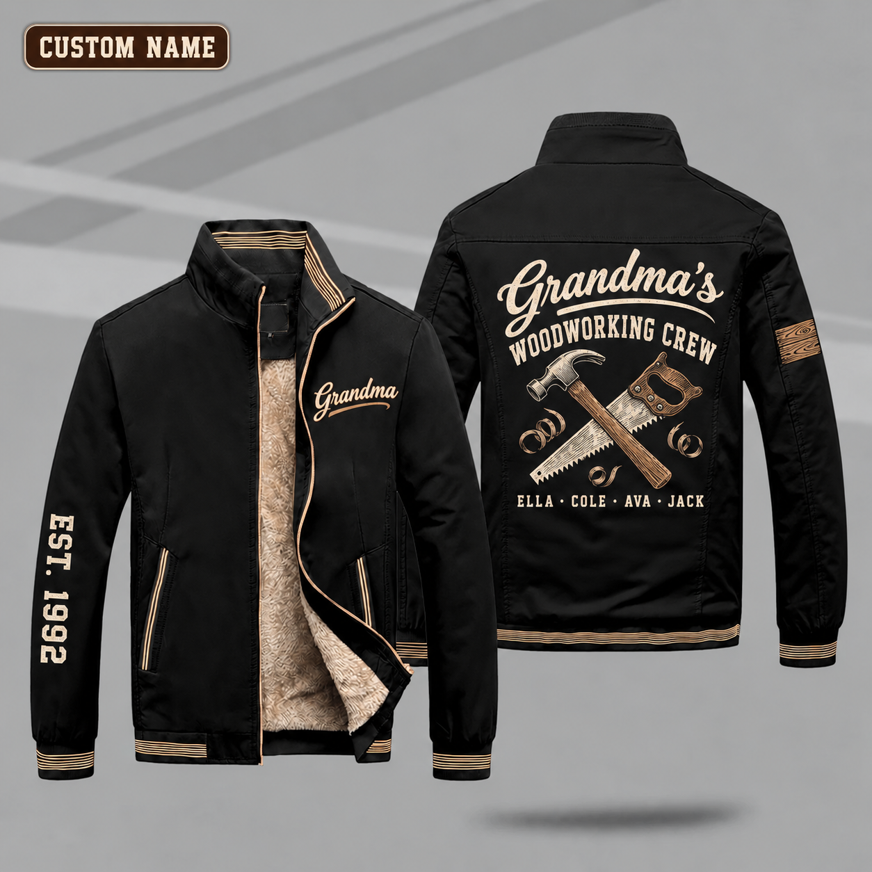 Fleece-Lined Stand Collar Jacket personalized with "Grandma's Woodworking Crew" and crossed hammer and saw artwork on the back