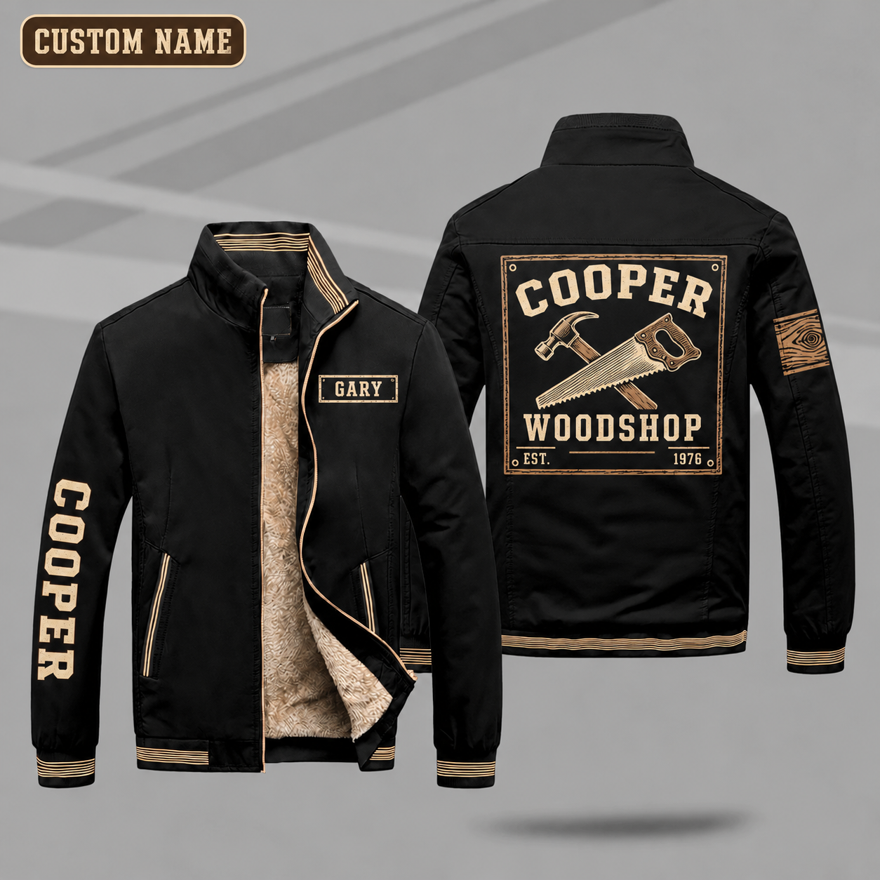 Fleece-Lined Stand Collar Jacket personalized with "Cooper Woodshop Est. 1976" and crossed hammer and saw artwork on the back