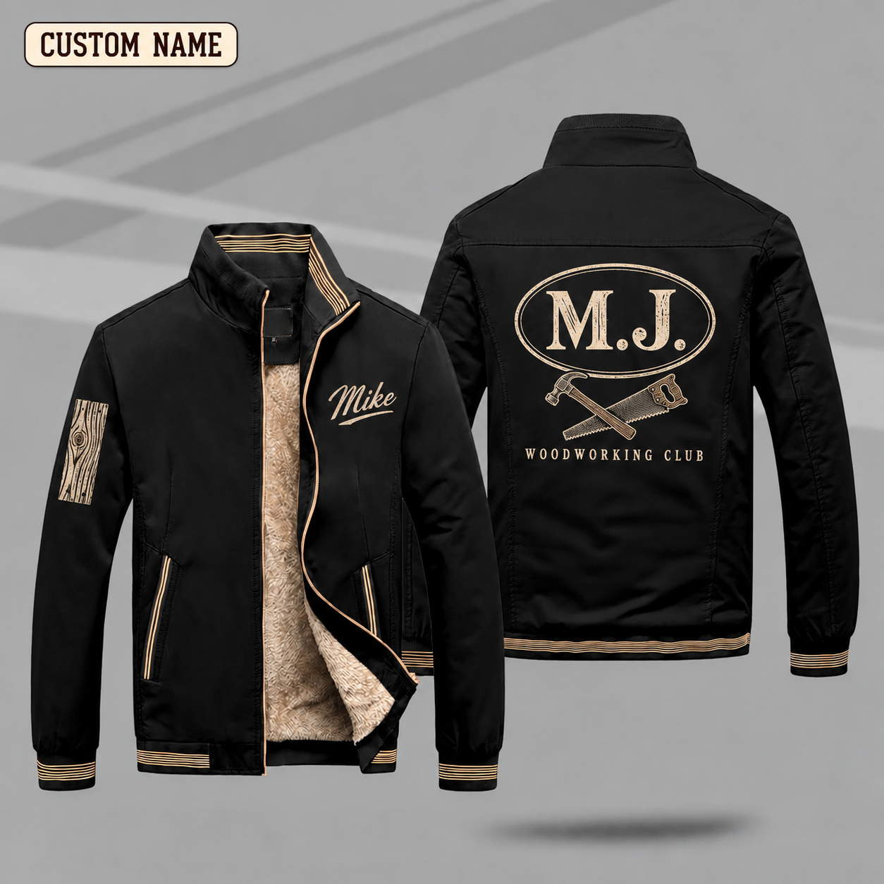 Fleece-Lined Stand Collar Jacket personalized with "M.J. Woodworking Monogram" and crossed hammer and saw artwork on the back