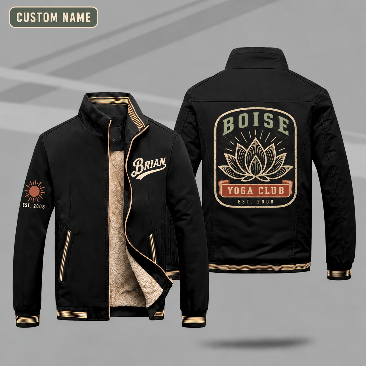Fleece-Lined Stand Collar Jacket personalized with "Boise Yoga Club Est. 2008" and lotus artwork on the back