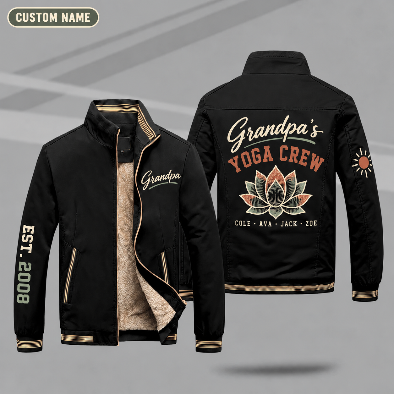 Fleece-Lined Stand Collar Jacket personalized with "Grandpa's Yoga Crew" and lotus artwork on the back