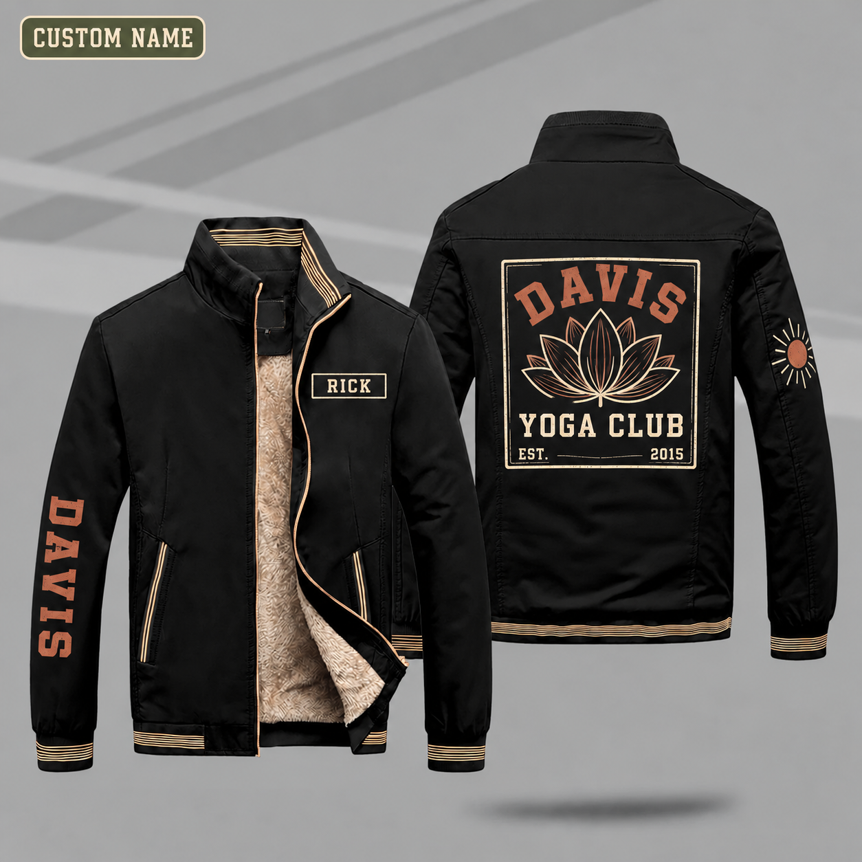 Fleece-Lined Stand Collar Jacket personalized with "Davis Yoga Club Est. 2015" and lotus artwork on the back