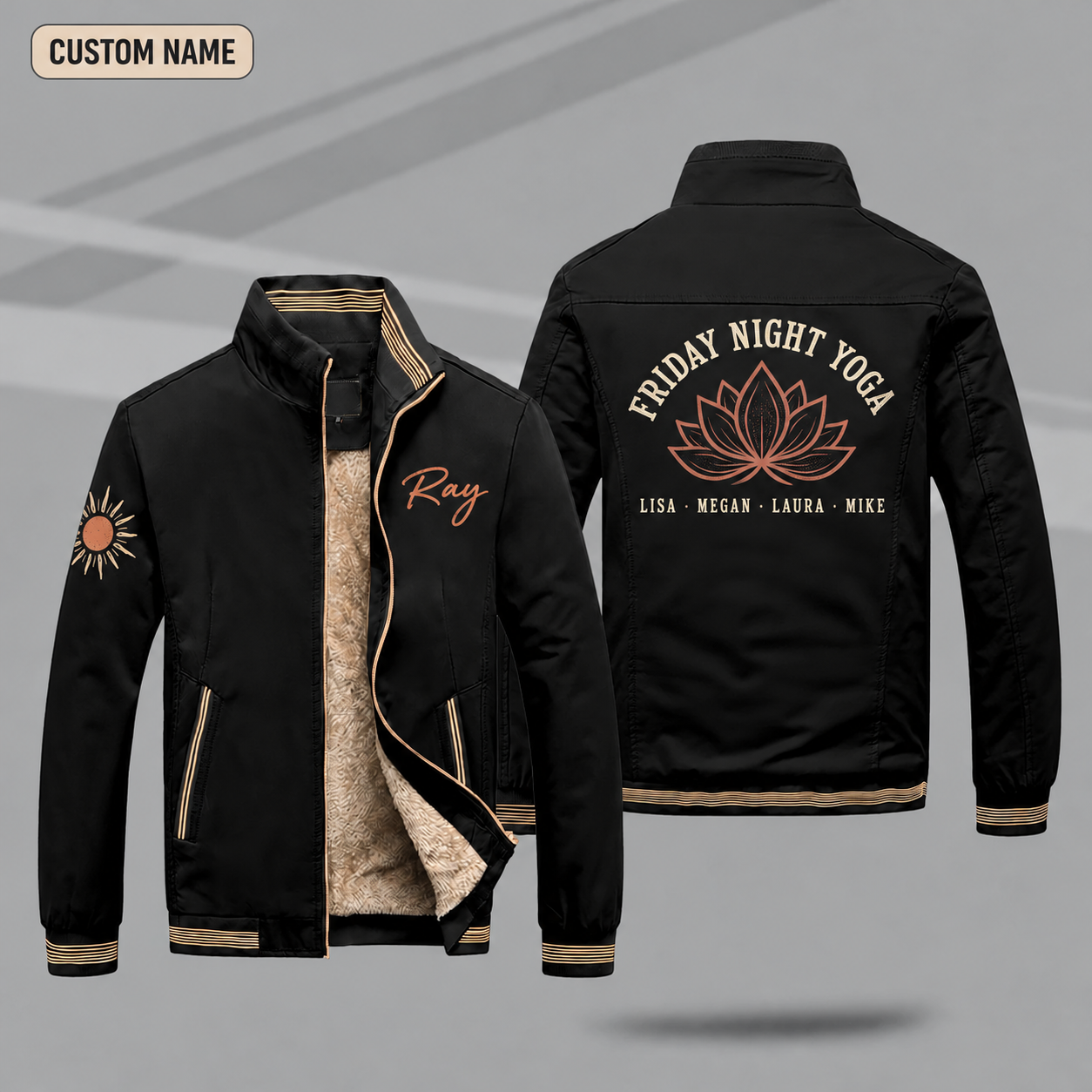 Fleece-Lined Stand Collar Jacket personalized with "Friday Night Yoga" and lotus artwork on the back