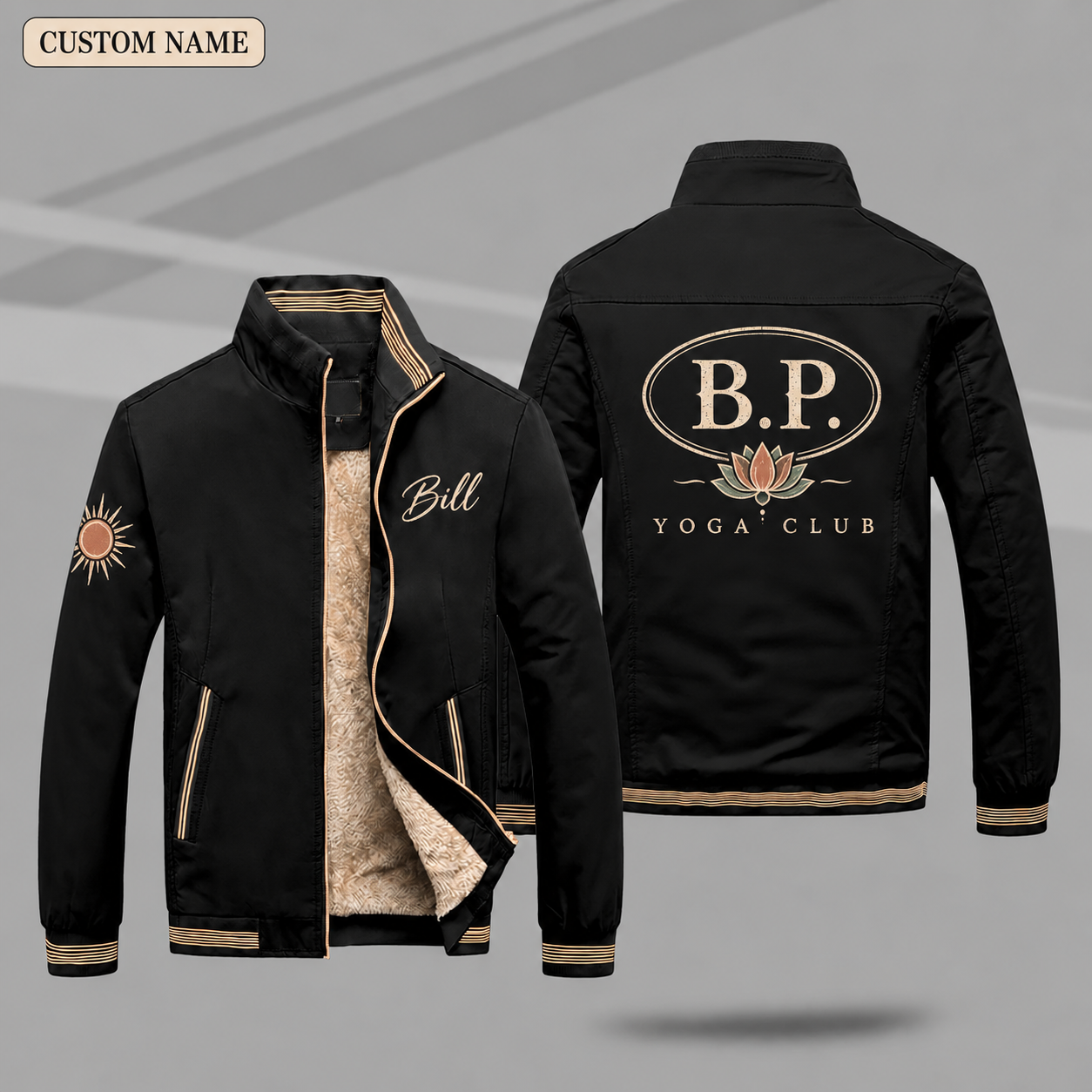 Fleece-Lined Stand Collar Jacket personalized with "B.P. Yoga Monogram" and lotus artwork on the back