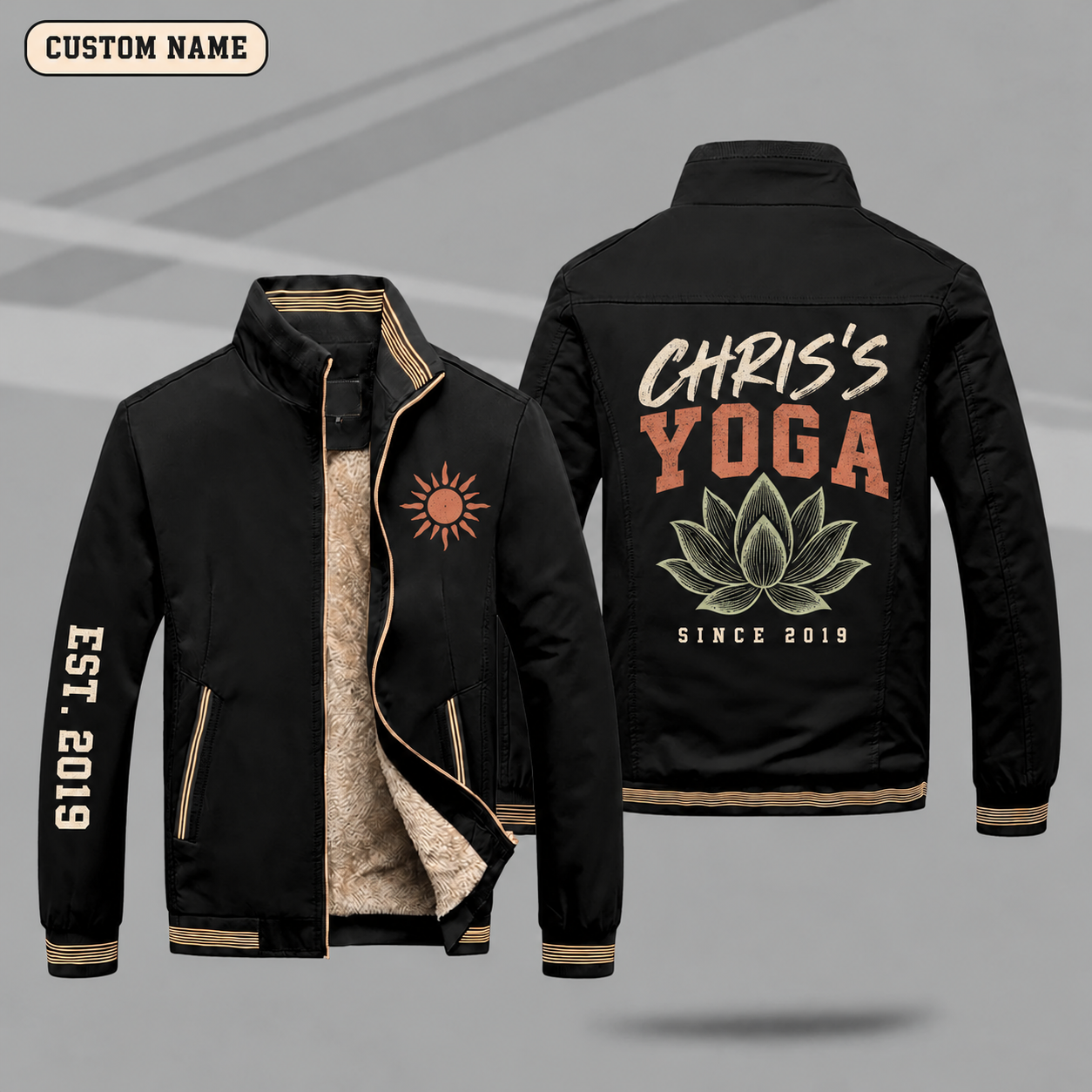 Fleece-Lined Stand Collar Jacket personalized with "Chris's Yoga Since 2019" and lotus artwork on the back