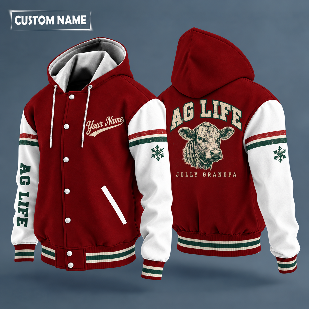 Hooded letterman jacket with white sleeves, snowflake and show steer head on the back, "AG LIFE" lettering and a custom name in script on the chest