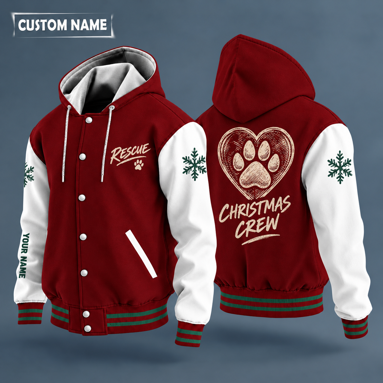 Hooded letterman jacket with white sleeves, snowflake and paw print in a heart on the back, "RESCUE" lettering and a custom name down one sleeve