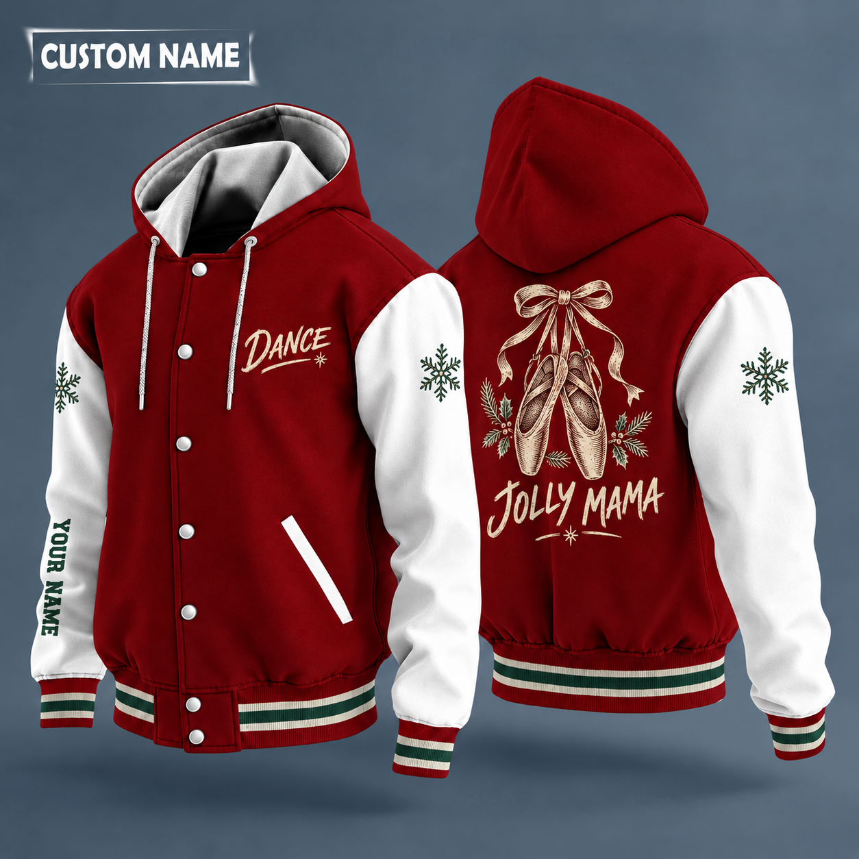 Hooded letterman jacket with white sleeves, snowflake and ballet slippers on the back, "DANCE" lettering and a custom name down one sleeve