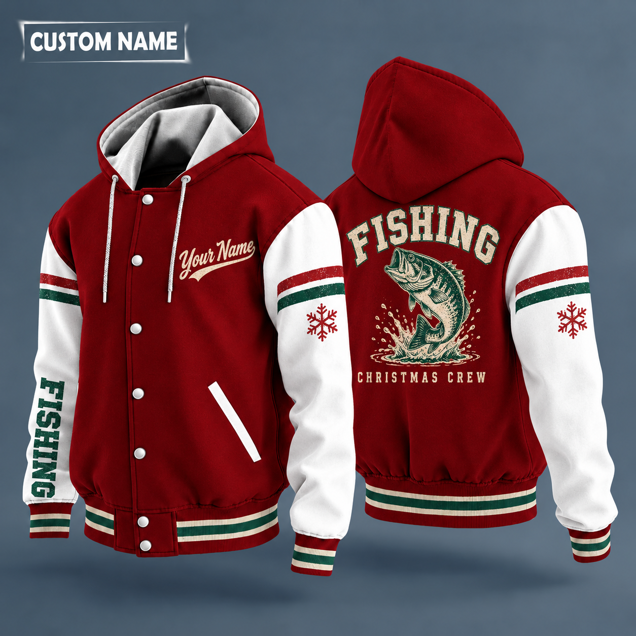 Hooded letterman jacket with white sleeves, snowflake and largemouth bass jumping on the back, "FISHING" lettering and a custom name in script on the chest