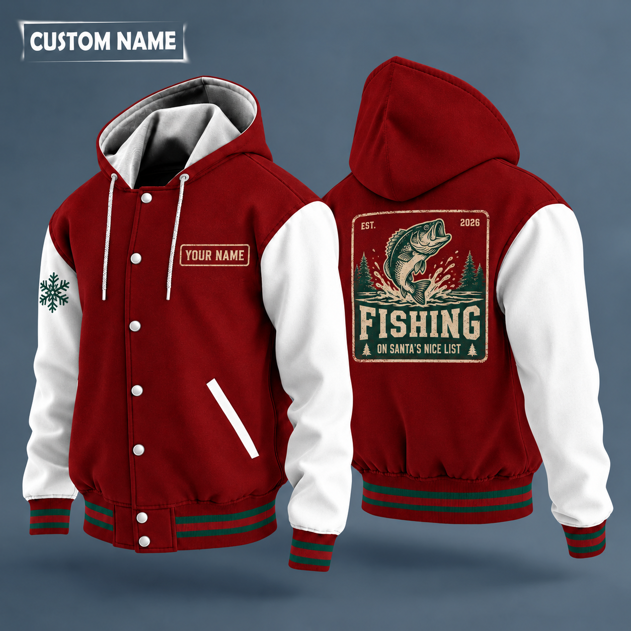 Hooded letterman jacket with white sleeves, snowflake and largemouth bass jumping on the back, "FISHING" lettering and a custom name on a work-shirt style name tag print on the chest