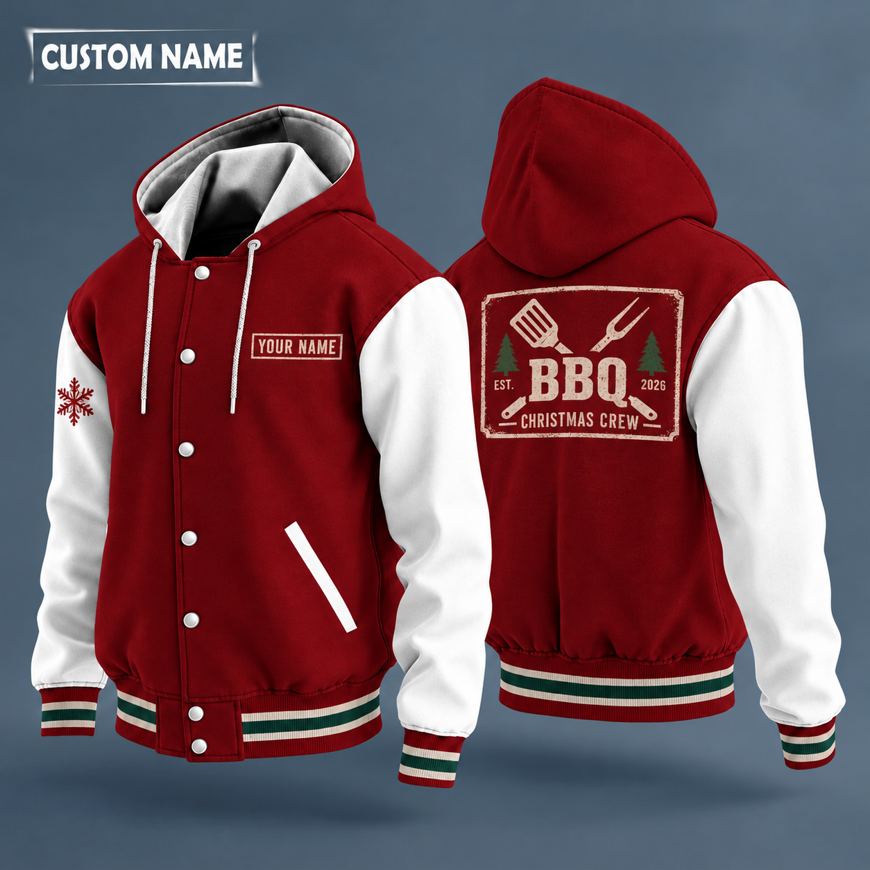 Hooded letterman jacket with white sleeves, snowflake and crossed spatula and fork on the back, "BBQ" lettering and a custom name on a work-shirt style name tag print on the chest