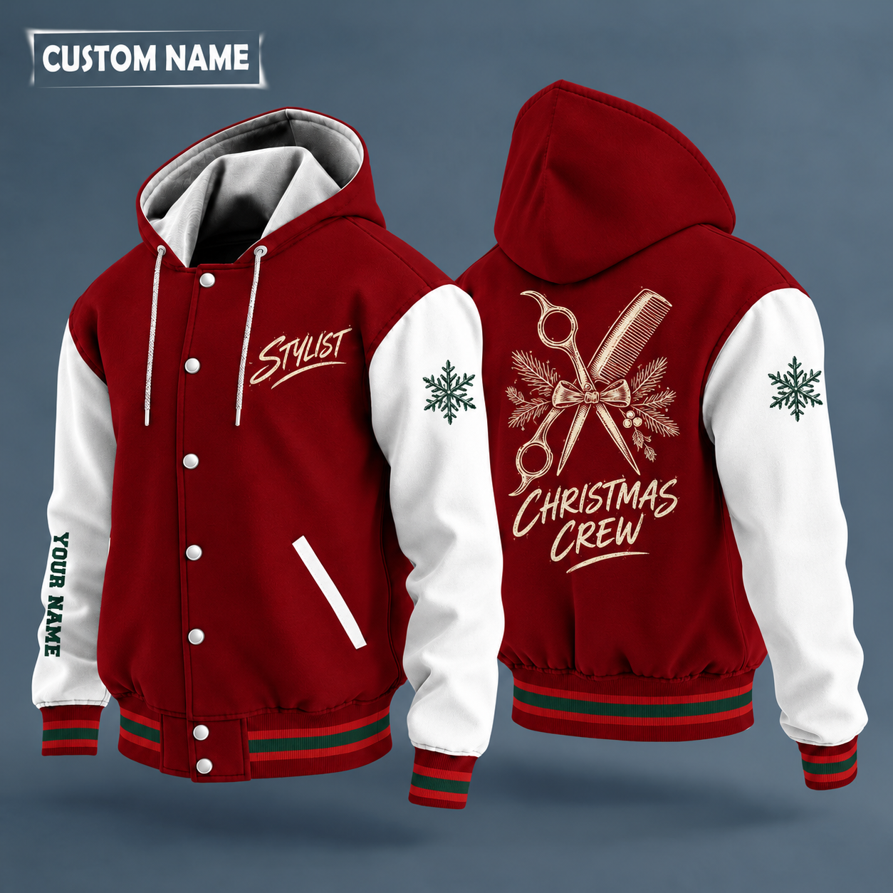 Hooded letterman jacket with white sleeves, snowflake and scissors and comb on the back, "STYLIST" lettering and a custom name down one sleeve