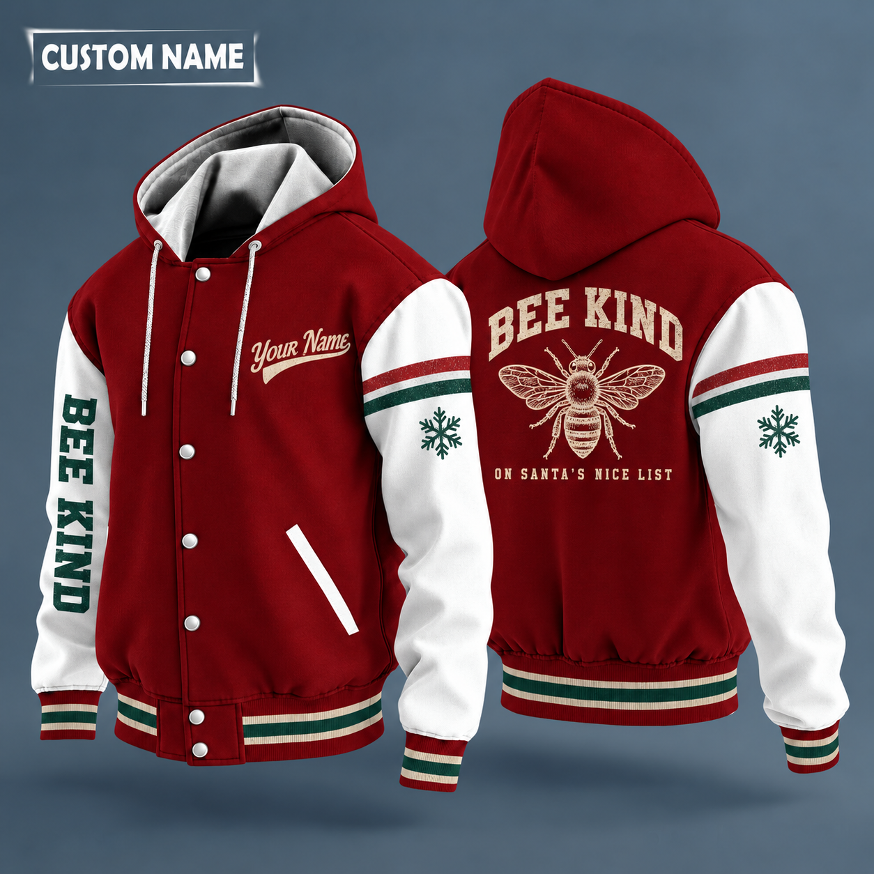 Hooded letterman jacket with white sleeves, snowflake and honeybee on the back, "BEE KIND" lettering and a custom name in script on the chest