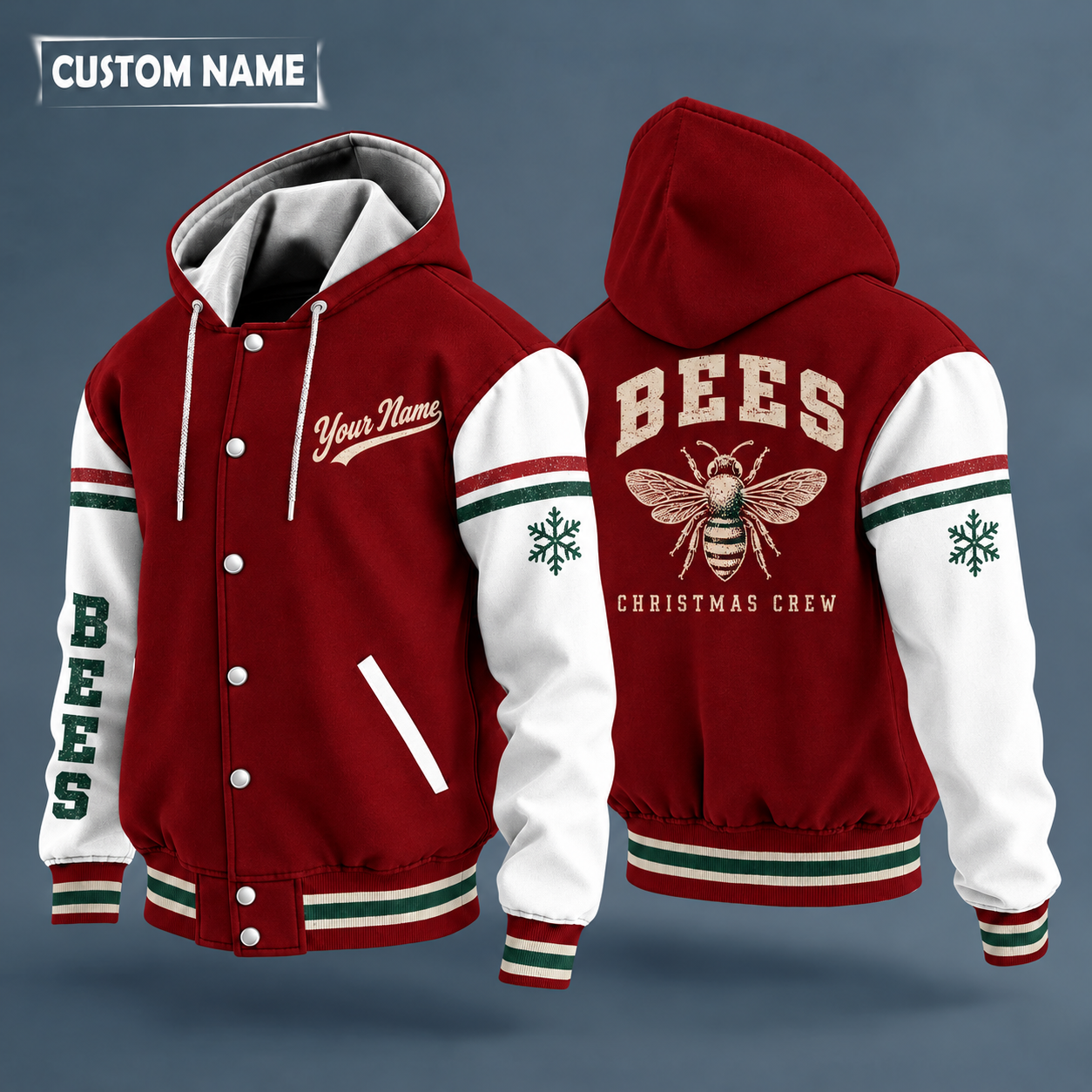 Hooded letterman jacket with white sleeves, snowflake and honeybee on the back, "BEES" lettering and a custom name in script on the chest