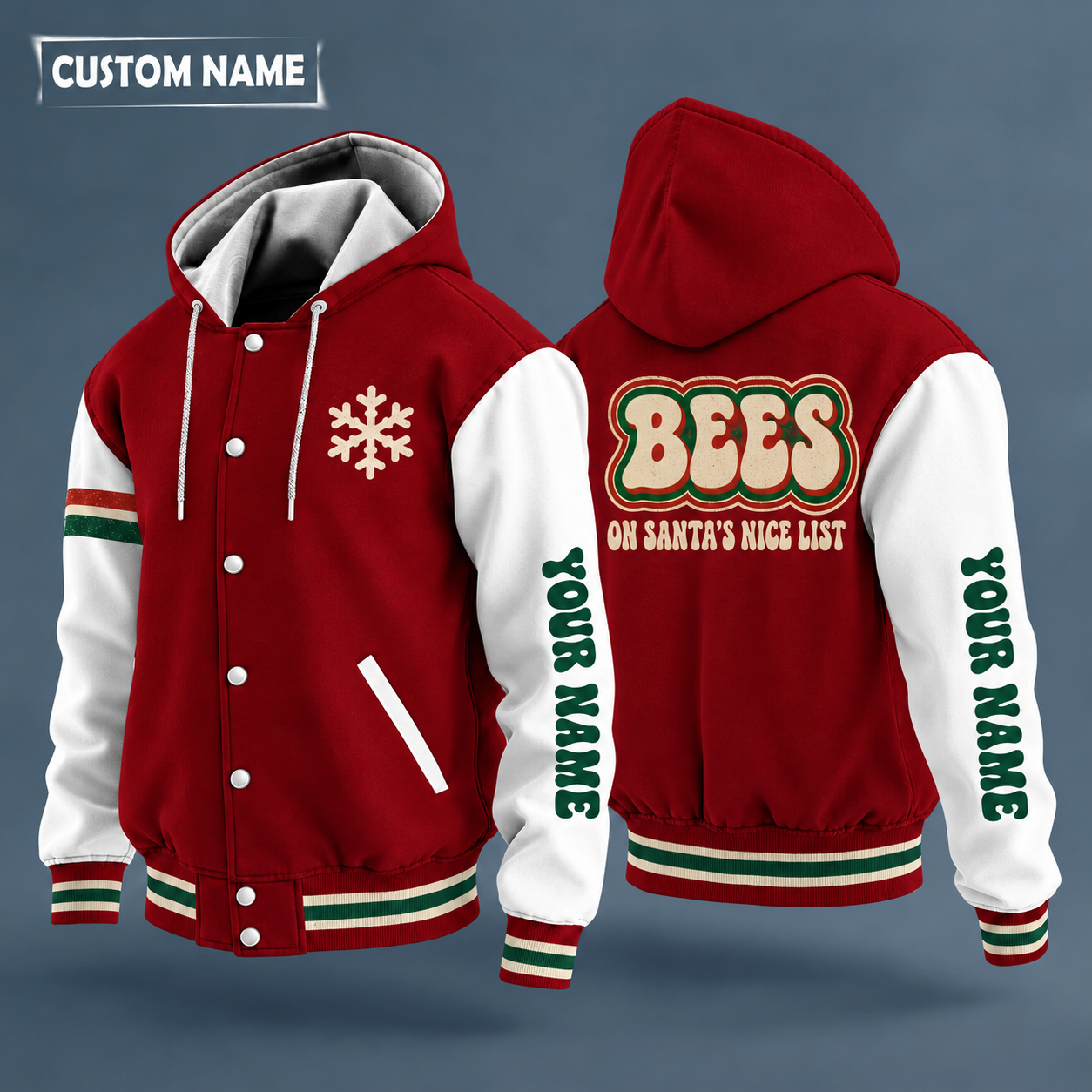 Hooded letterman jacket with white sleeves, snowflake and honeybee on the back, "BEES" lettering and a custom name down one sleeve in a retro font