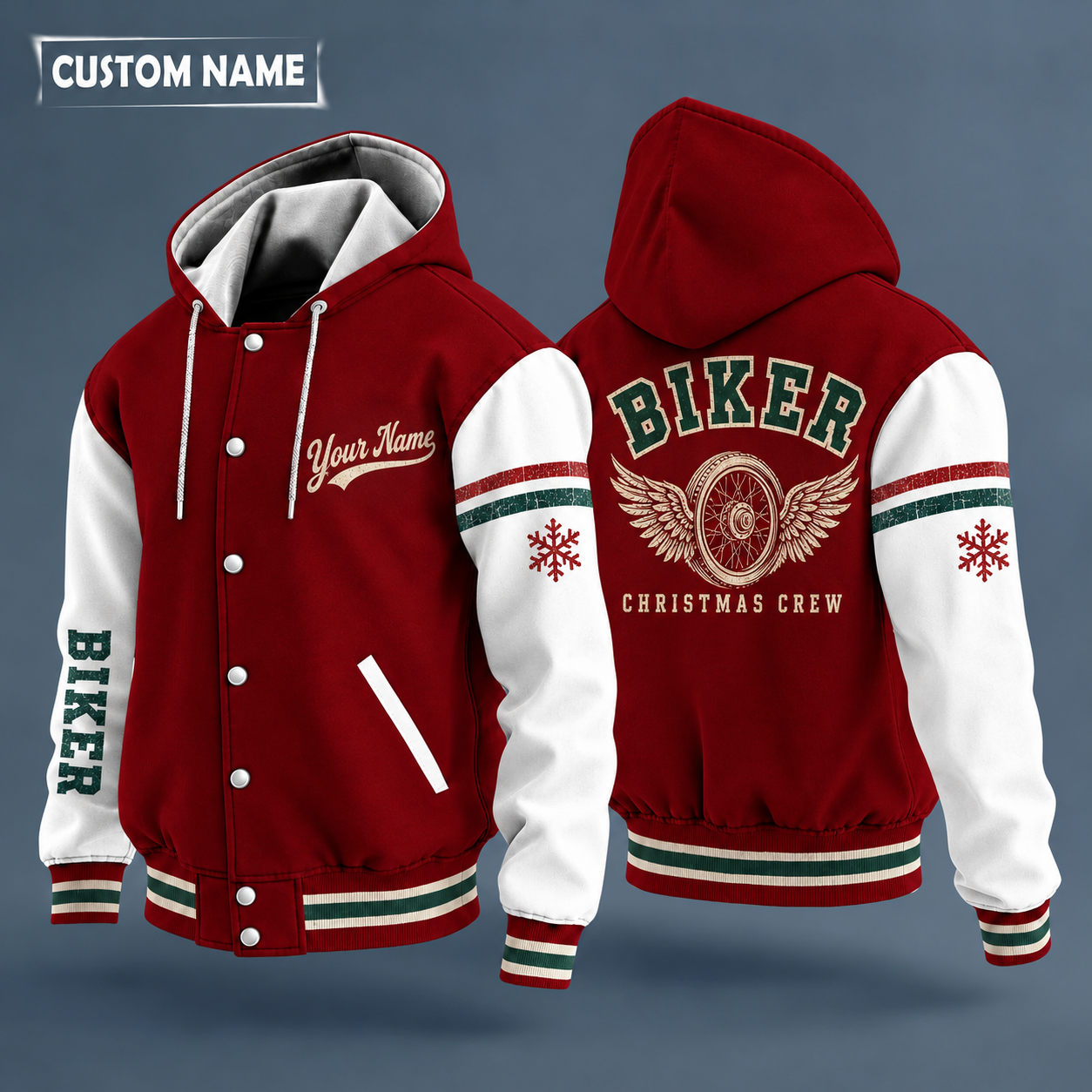 Hooded letterman jacket with white sleeves, snowflake and winged wheel on the back, "BIKER" lettering and a custom name in script on the chest