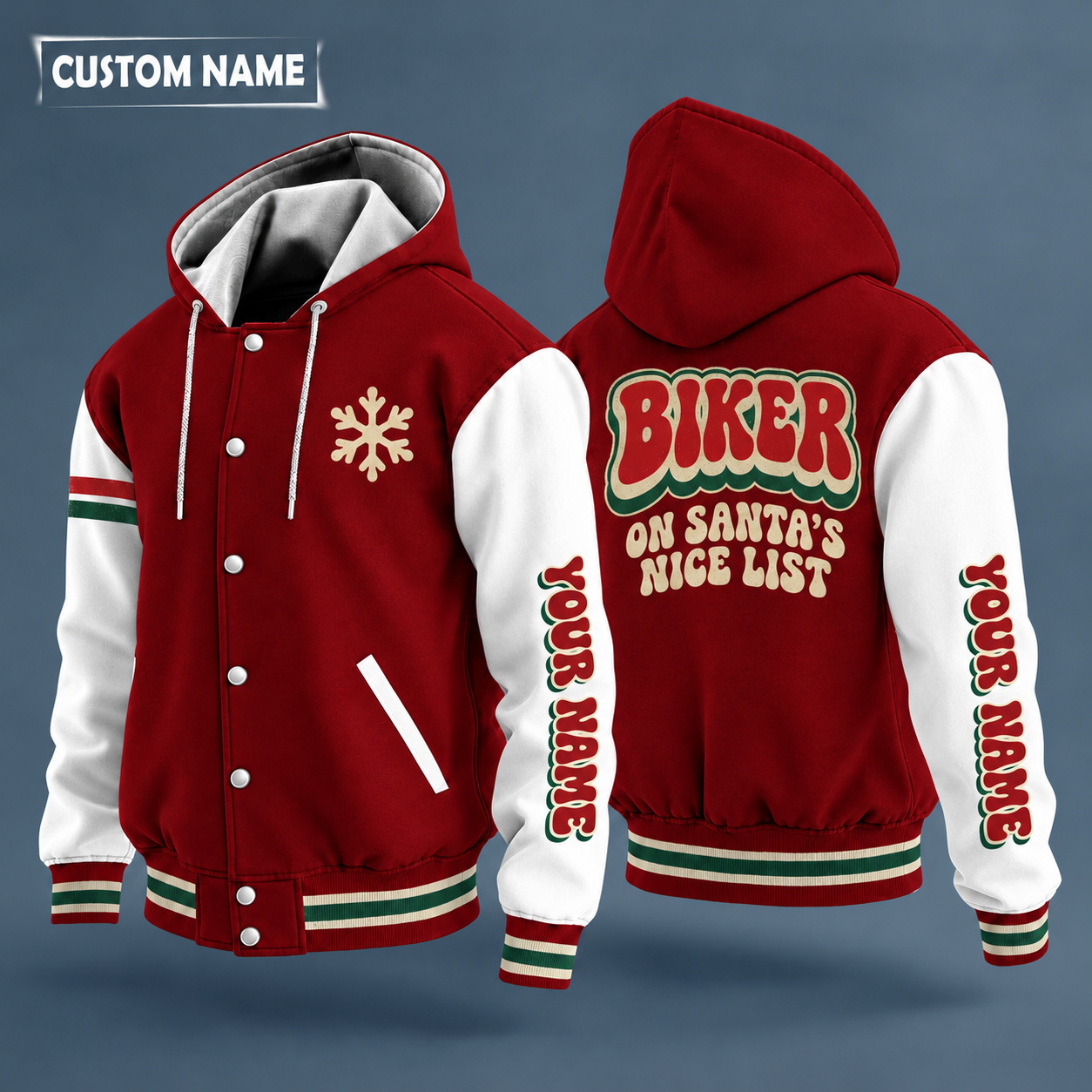 Hooded letterman jacket with white sleeves, snowflake and winged wheel on the back, "BIKER" lettering and a custom name down one sleeve in a retro font