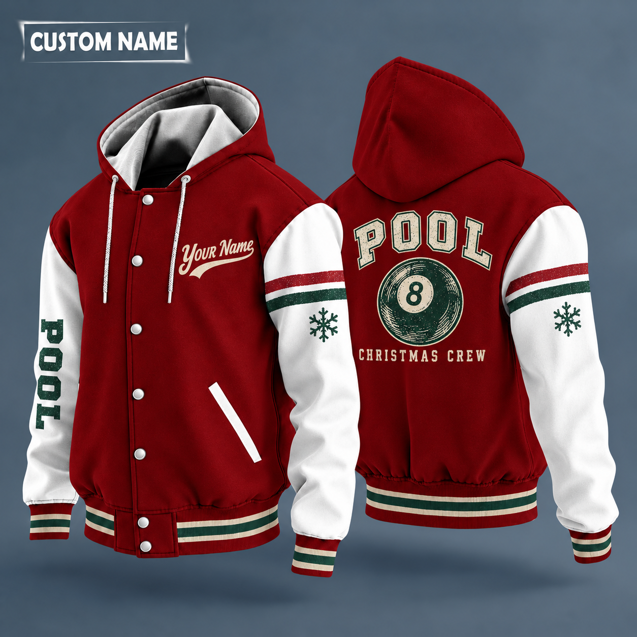 Hooded letterman jacket with white sleeves, snowflake and 8 ball on the back, "POOL" lettering and a custom name in script on the chest