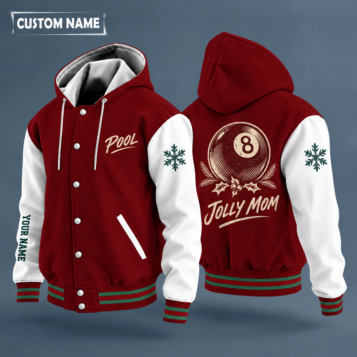 Hooded letterman jacket with white sleeves, snowflake and 8 ball on the back, "POOL" lettering and a custom name down one sleeve