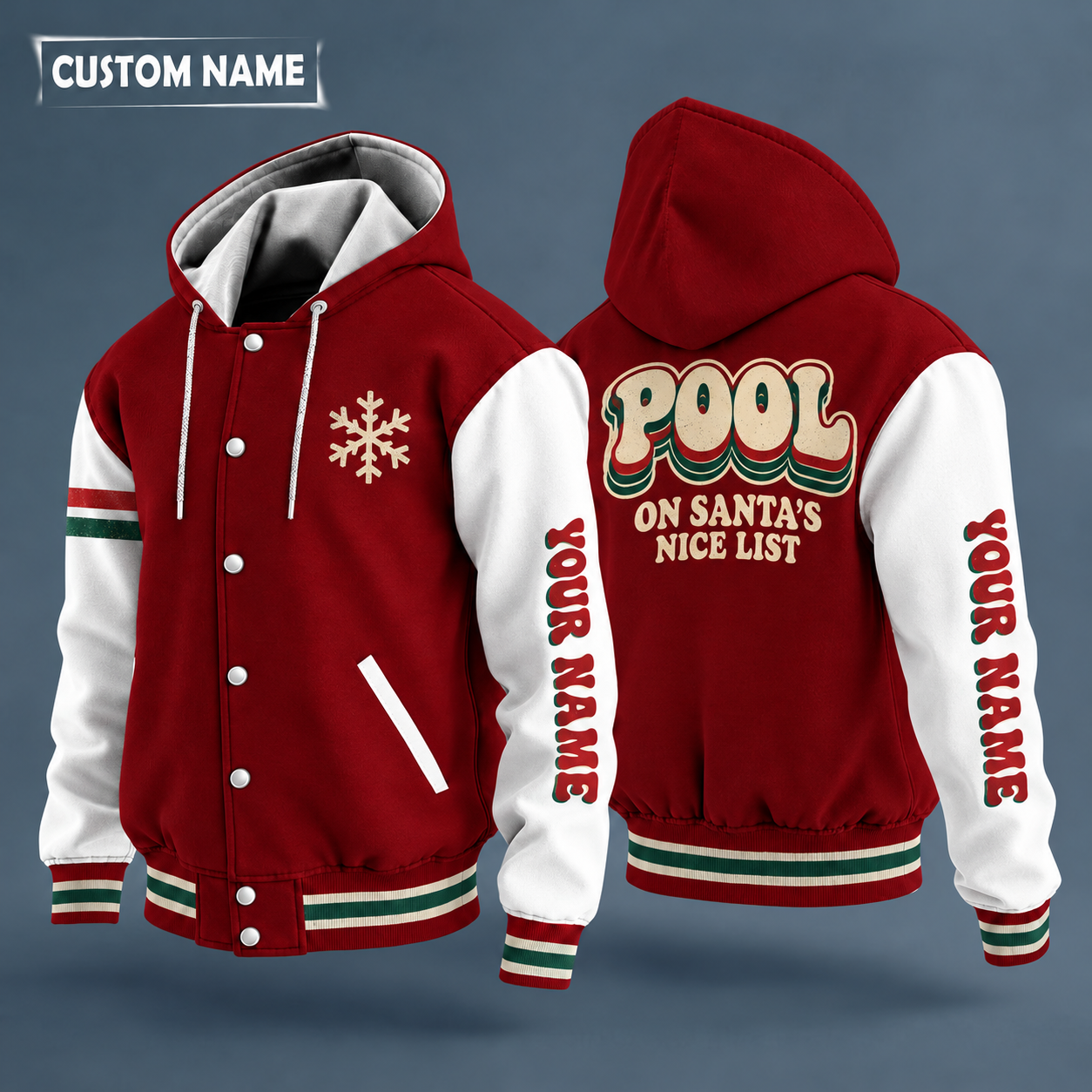Hooded letterman jacket with white sleeves, snowflake and 8 ball on the back, "POOL" lettering and a custom name down one sleeve in a retro font