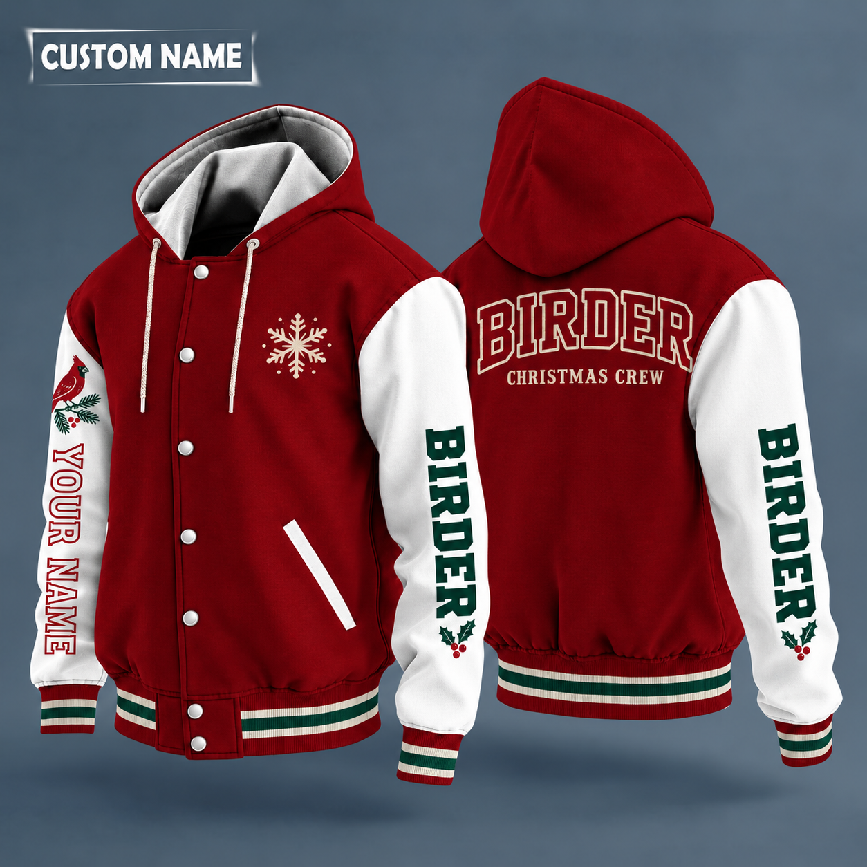 Hooded letterman jacket with white sleeves, snowflake and cardinal bird on the back, "BIRDER" lettering and a custom name down one sleeve in outlined capitals