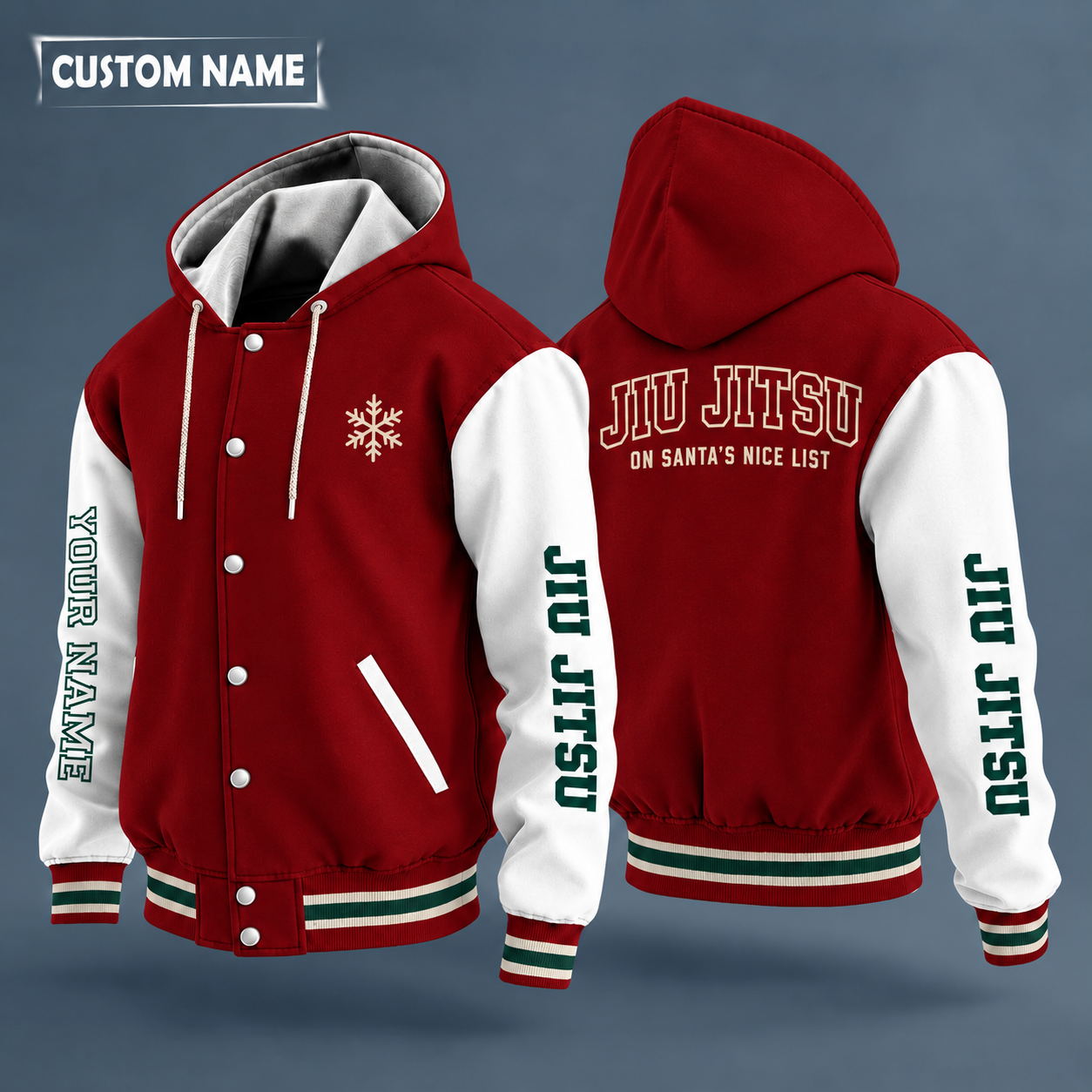 Hooded letterman jacket with white sleeves, snowflake and boxing gloves on the back, "JIU JITSU" lettering and a custom name down one sleeve in outlined capitals