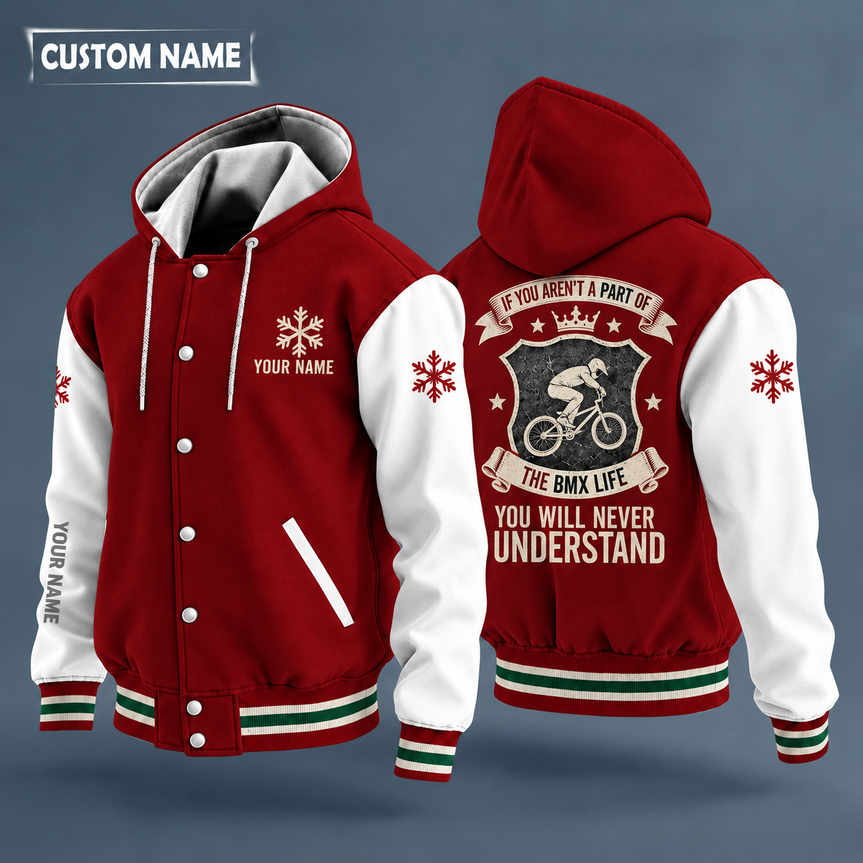 Hooded letterman jacket with white sleeves, snowflake and bmx bike on the back, "BMX" lettering and a custom name on the chest under a small icon