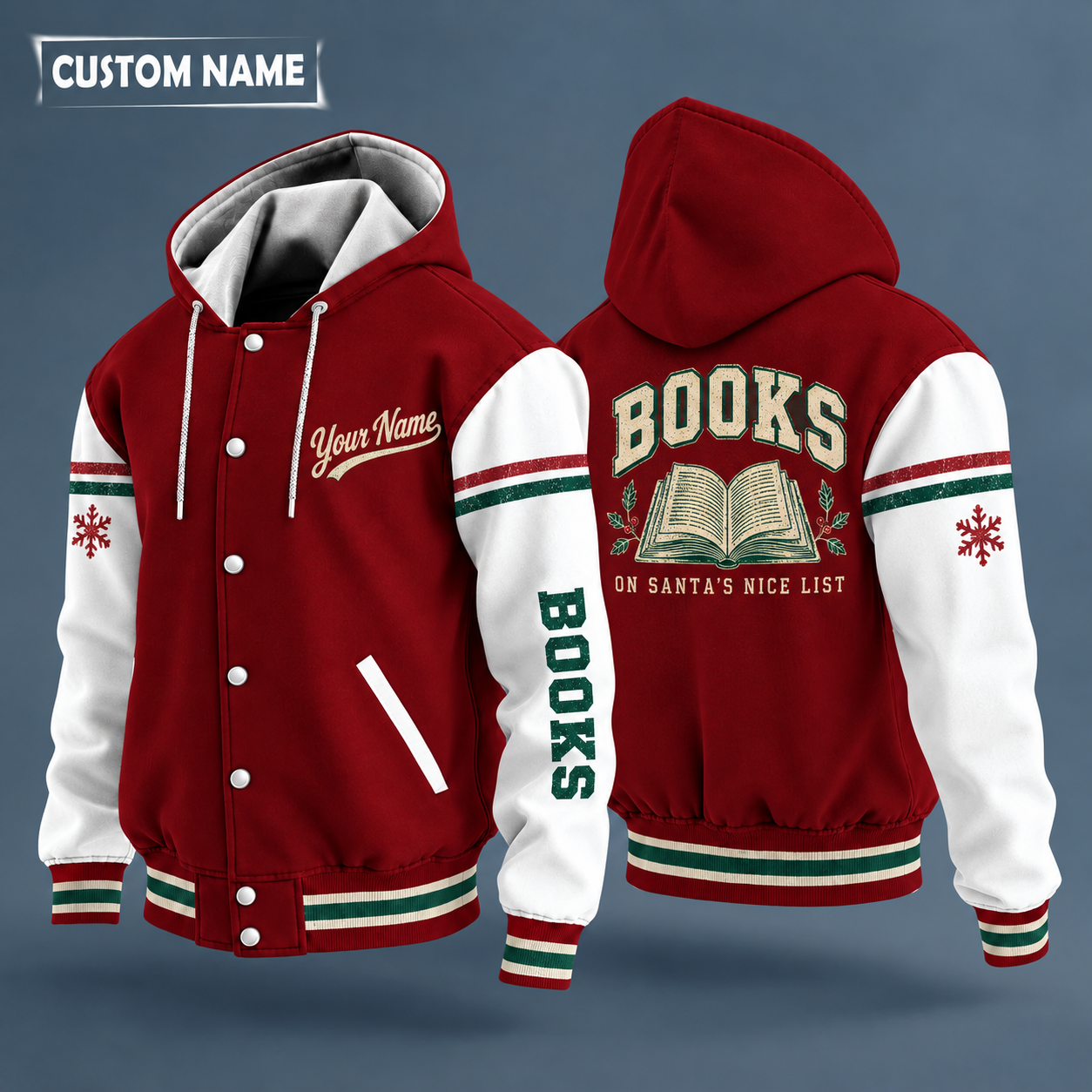 Hooded letterman jacket with white sleeves, snowflake and open book on the back, "BOOKS" lettering and a custom name in script on the chest