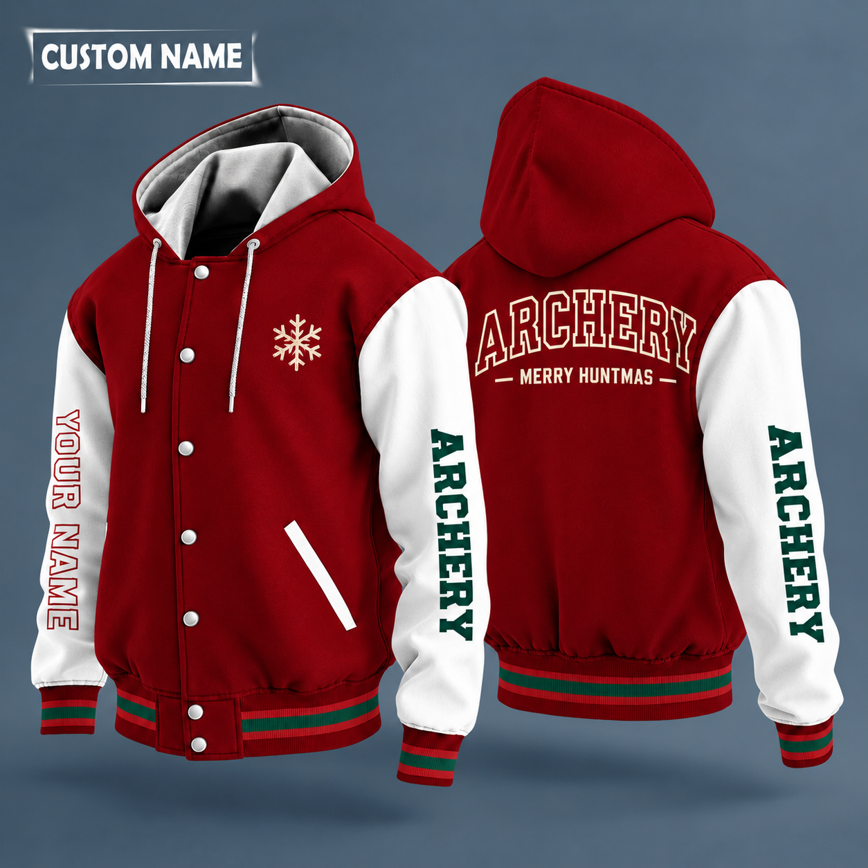 Hooded letterman jacket with white sleeves, snowflake and compound bow on the back, "ARCHERY" lettering and a custom name down one sleeve in outlined capitals