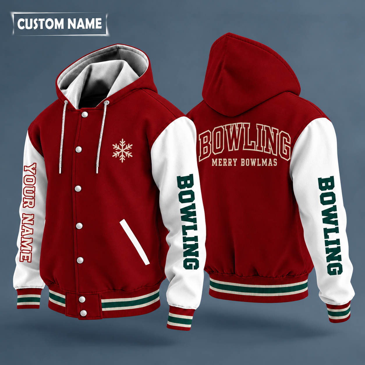 Hooded letterman jacket with white sleeves, snowflake and bowling pins on the back, "BOWLING" lettering and a custom name down one sleeve in outlined capitals