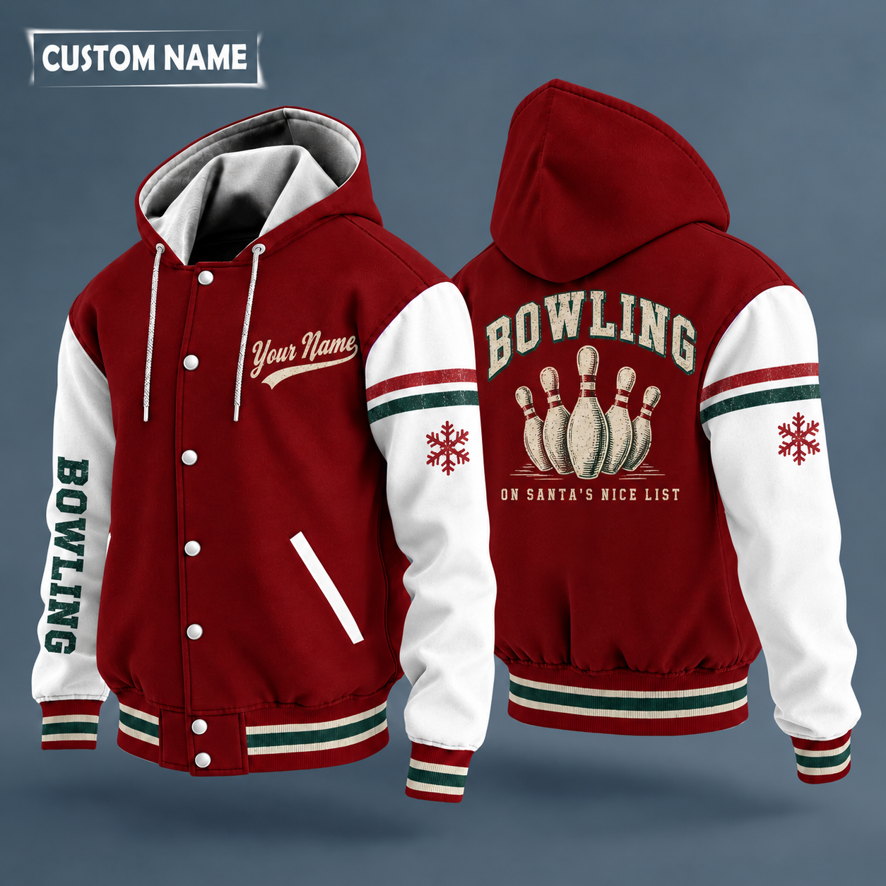Hooded letterman jacket with white sleeves, snowflake and bowling pins on the back, "BOWLING" lettering and a custom name in script on the chest