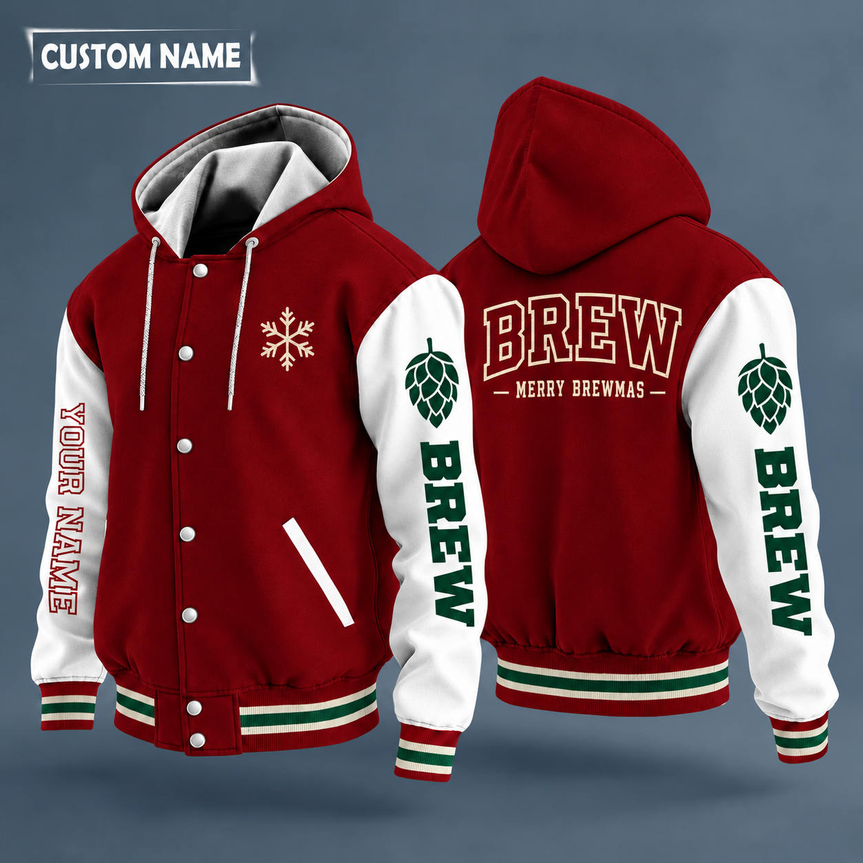Hooded letterman jacket with white sleeves, snowflake and hop cone on the back, "BREW" lettering and a custom name down one sleeve in outlined capitals