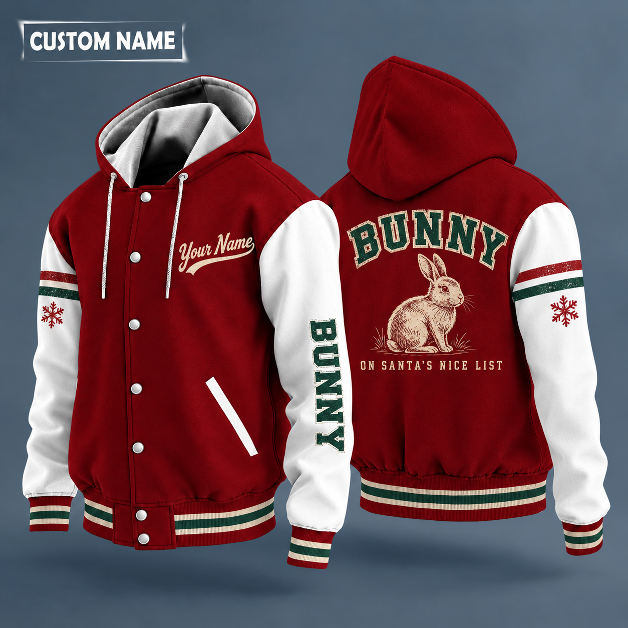 Hooded letterman jacket with white sleeves, snowflake and bunny on the back, "BUNNY" lettering and a custom name in script on the chest