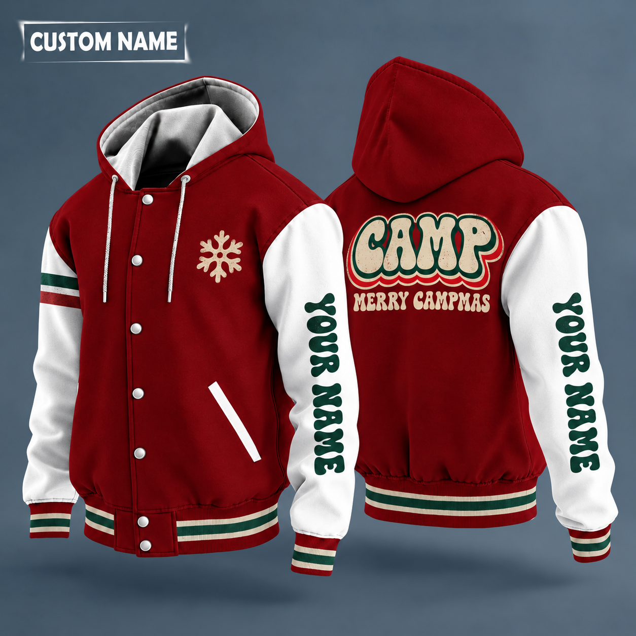 Hooded letterman jacket with white sleeves, snowflake and tent on the back, "CAMP" lettering and a custom name down one sleeve in a retro font