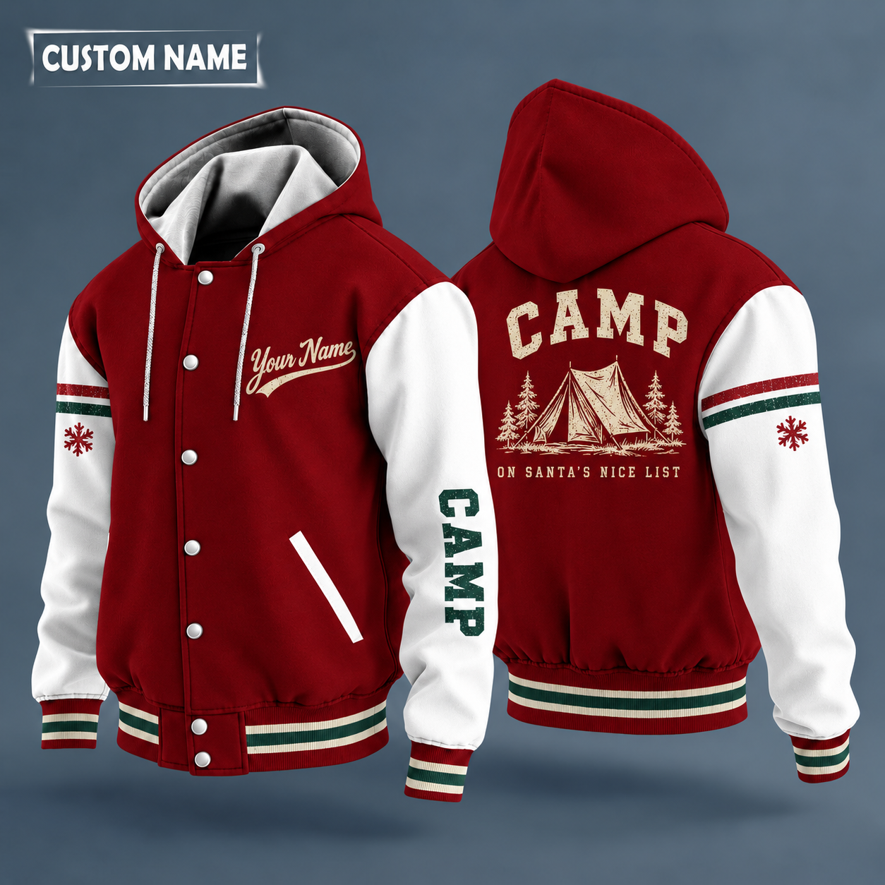 Hooded letterman jacket with white sleeves, snowflake and tent on the back, "CAMP" lettering and a custom name in script on the chest