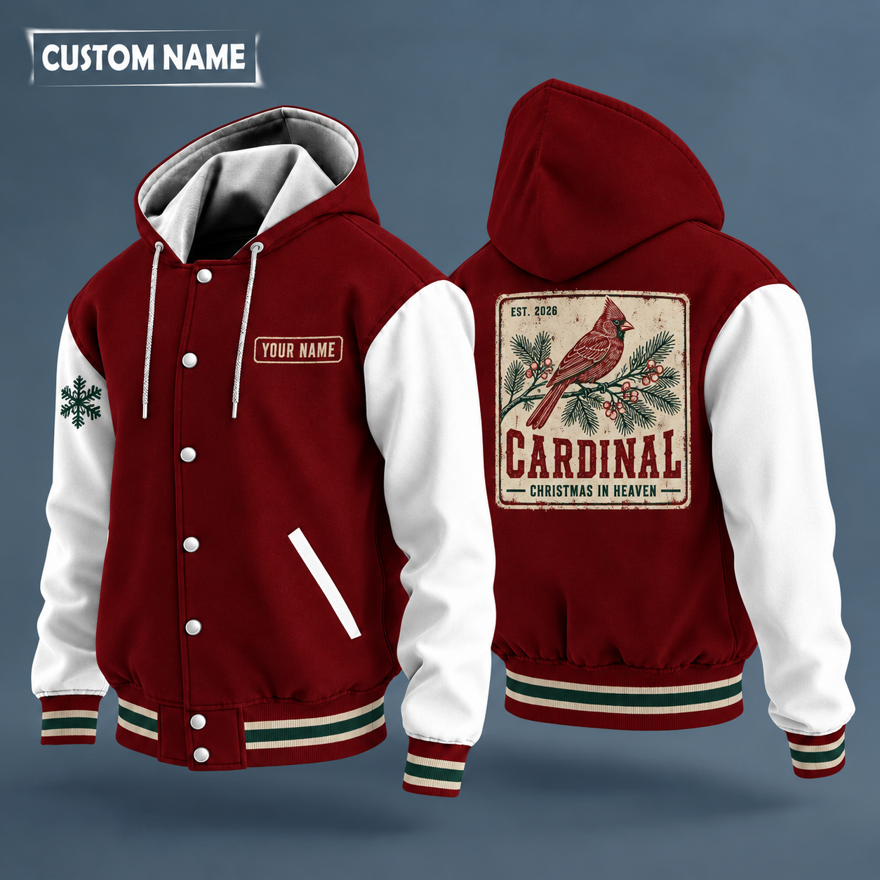 Hooded letterman jacket with white sleeves, snowflake and red cardinal on a branch on the back, "CARDINAL" lettering and a custom name on a work-shirt style name tag print on the chest