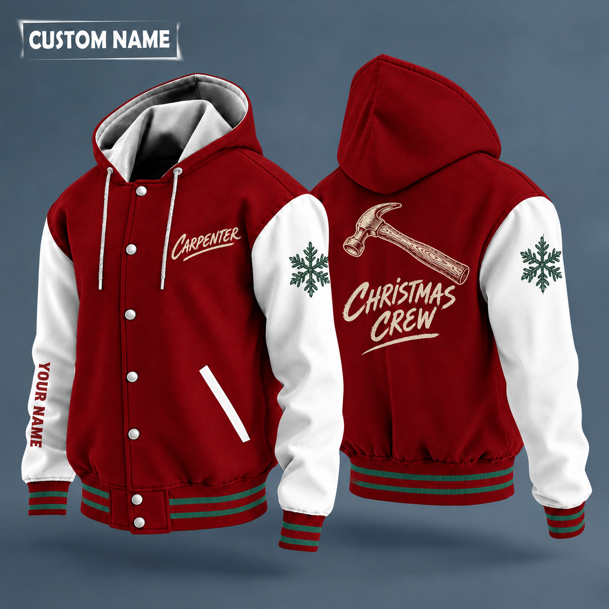 Hooded letterman jacket with white sleeves, snowflake and framing hammer on the back, "CARPENTER" lettering and a custom name down one sleeve