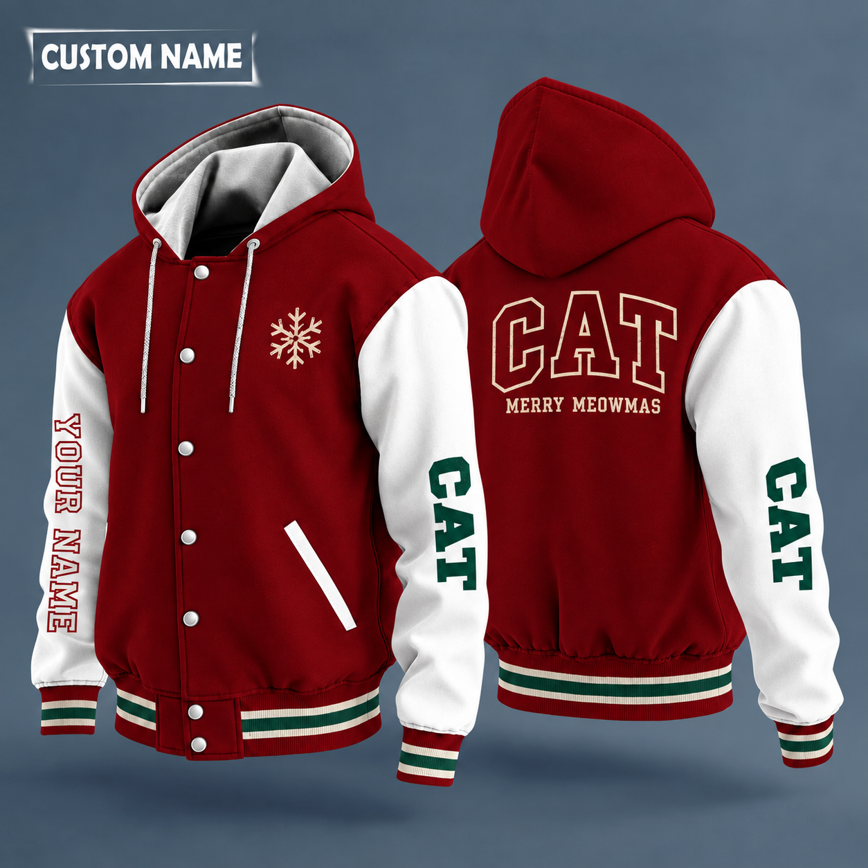 Hooded letterman jacket with white sleeves, snowflake and cat on the back, "CAT" lettering and a custom name down one sleeve in outlined capitals