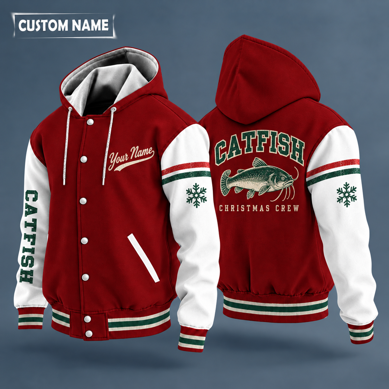 Hooded letterman jacket with white sleeves, snowflake and catfish on the back, "CATFISH" lettering and a custom name in script on the chest