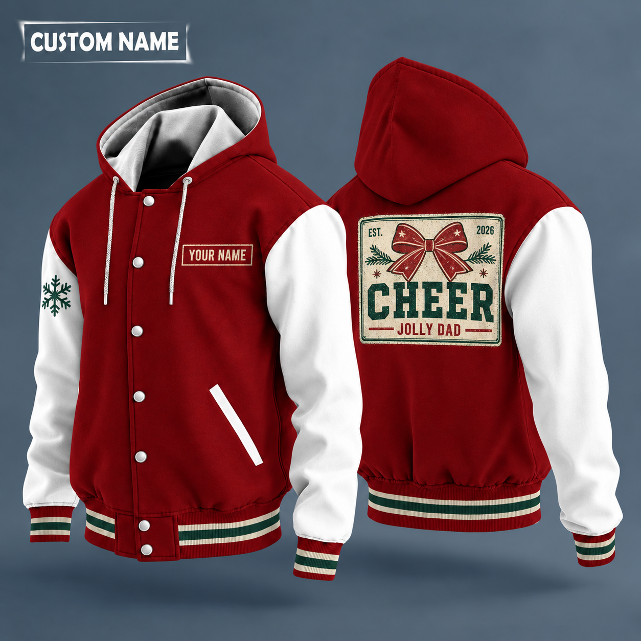 Hooded letterman jacket with white sleeves, snowflake and cheer bow on the back, "CHEER" lettering and a custom name on a work-shirt style name tag print on the chest