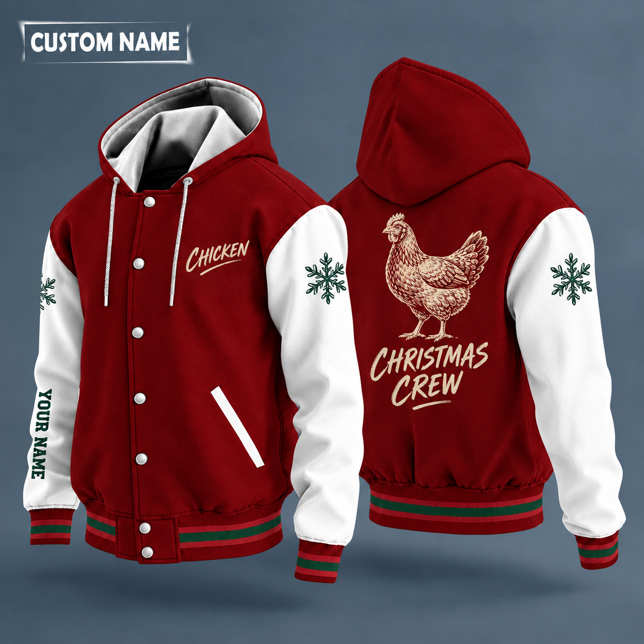Hooded letterman jacket with white sleeves, snowflake and hen on the back, "CHICKEN" lettering and a custom name down one sleeve