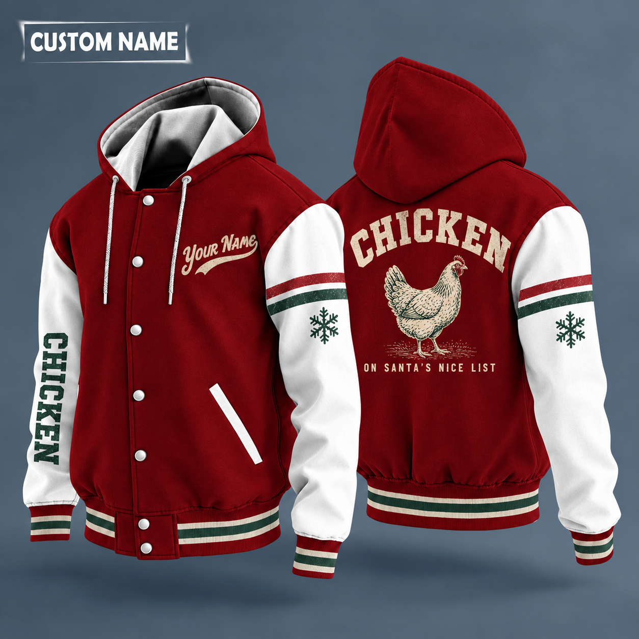 Hooded letterman jacket with white sleeves, snowflake and hen on the back, "CHICKEN" lettering and a custom name in script on the chest