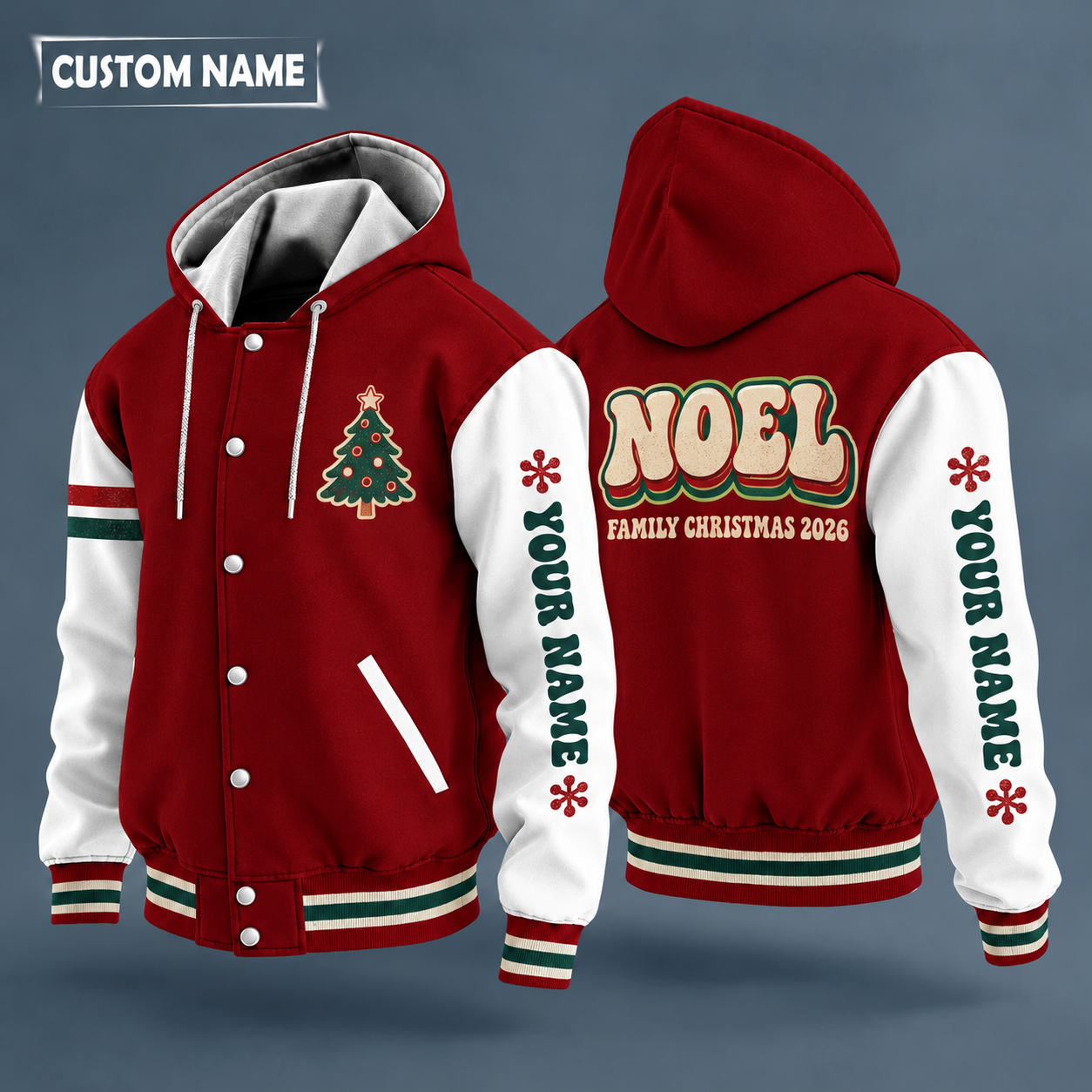 Hooded letterman jacket with white sleeves, snowflake on the back, "NOEL" lettering and a custom name down one sleeve in a retro font