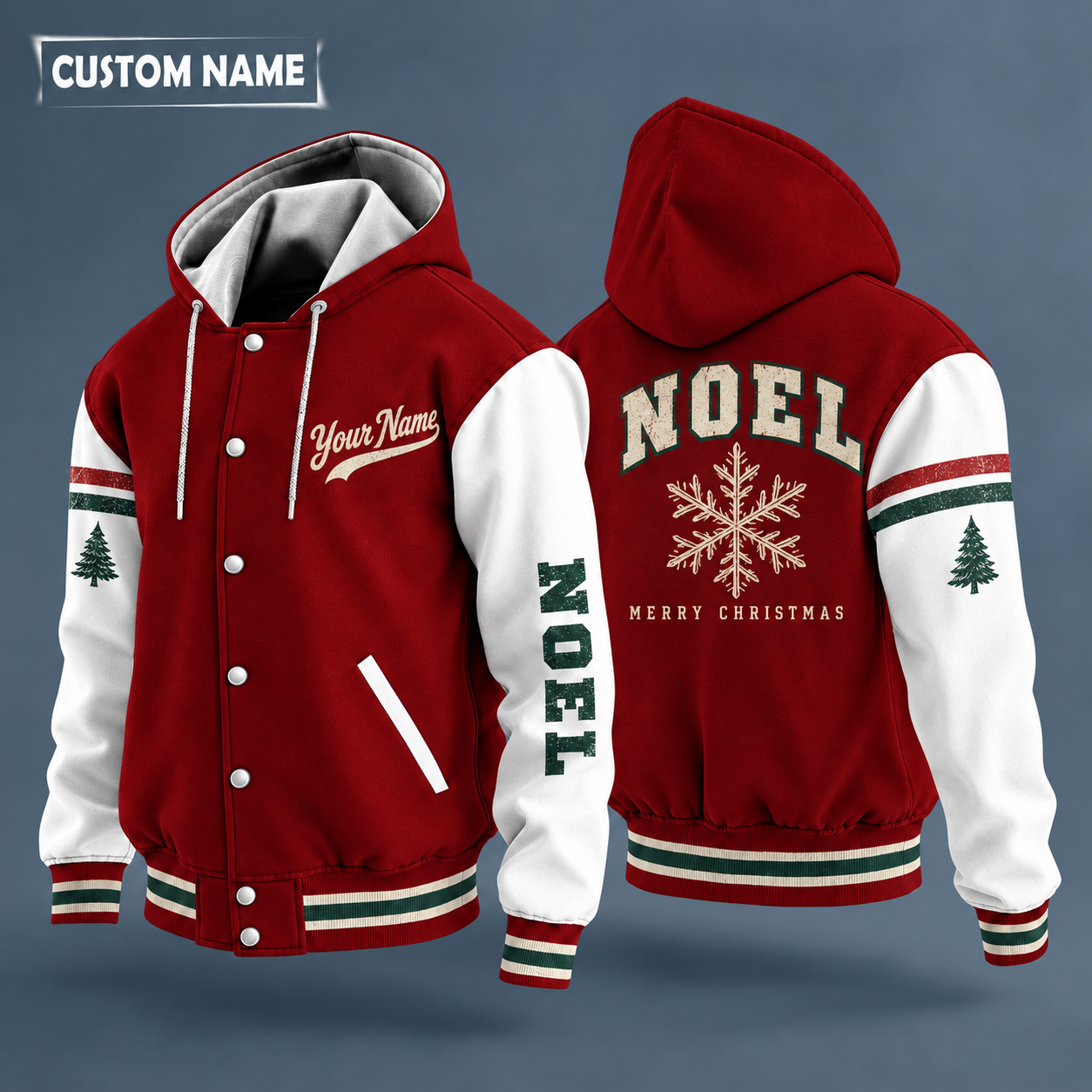 Hooded letterman jacket with white sleeves, snowflake on the back, "NOEL" lettering and a custom name in script on the chest