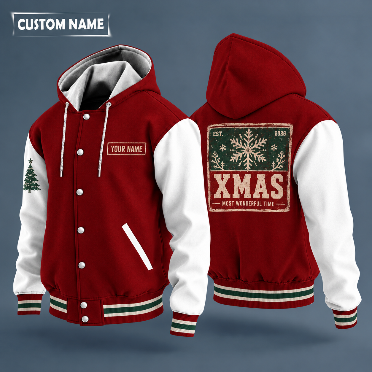 Hooded letterman jacket with white sleeves, snowflake on the back, "XMAS" lettering and a custom name on a work-shirt style name tag print on the chest