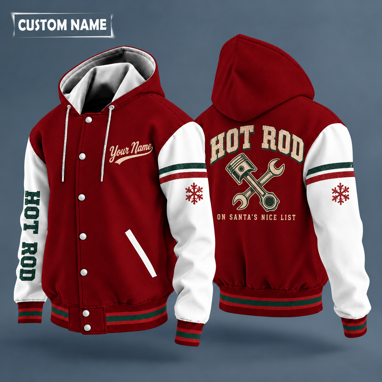 Hooded letterman jacket with white sleeves, snowflake and piston and wrench on the back, "HOT ROD" lettering and a custom name in script on the chest
