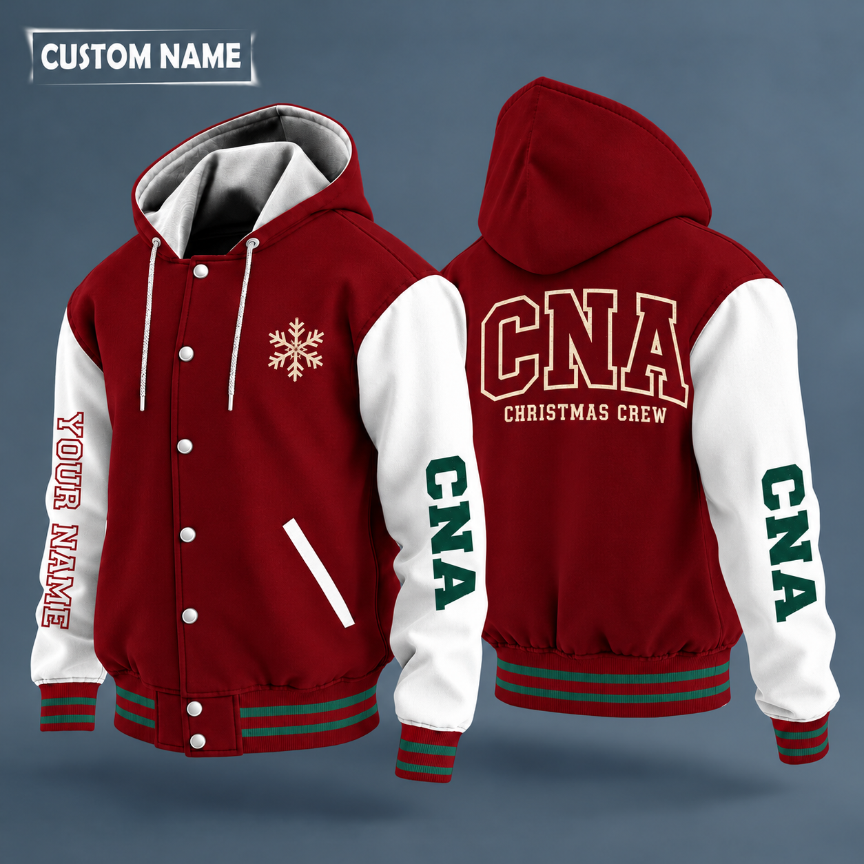 Hooded letterman jacket with white sleeves, snowflake and stethoscope on the back, "CNA" lettering and a custom name down one sleeve in outlined capitals