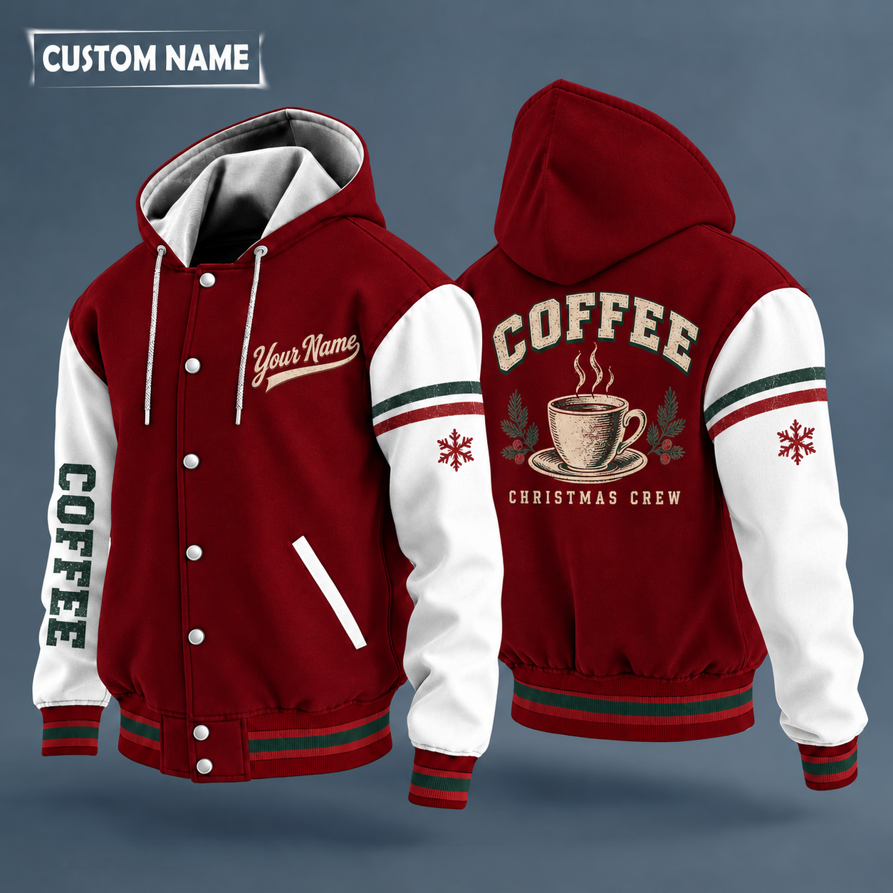 Hooded letterman jacket with white sleeves, snowflake and coffee cup on the back, "COFFEE" lettering and a custom name in script on the chest