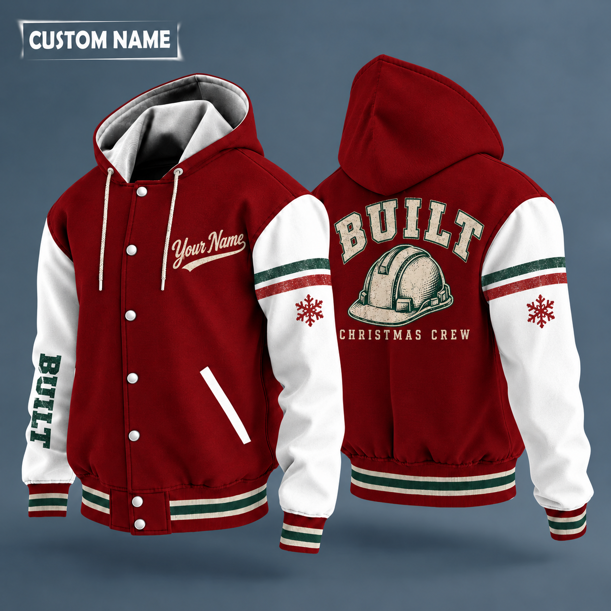 Hooded letterman jacket with white sleeves, snowflake and hard hat on the back, "BUILT" lettering and a custom name in script on the chest
