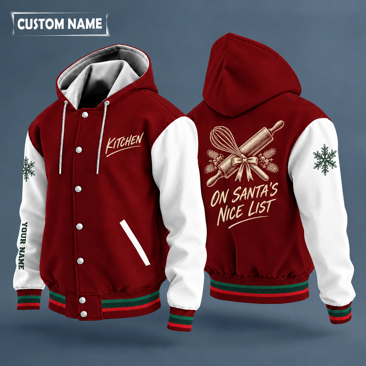 Hooded letterman jacket with white sleeves, snowflake and whisk and rolling pin on the back, "KITCHEN" lettering and a custom name down one sleeve